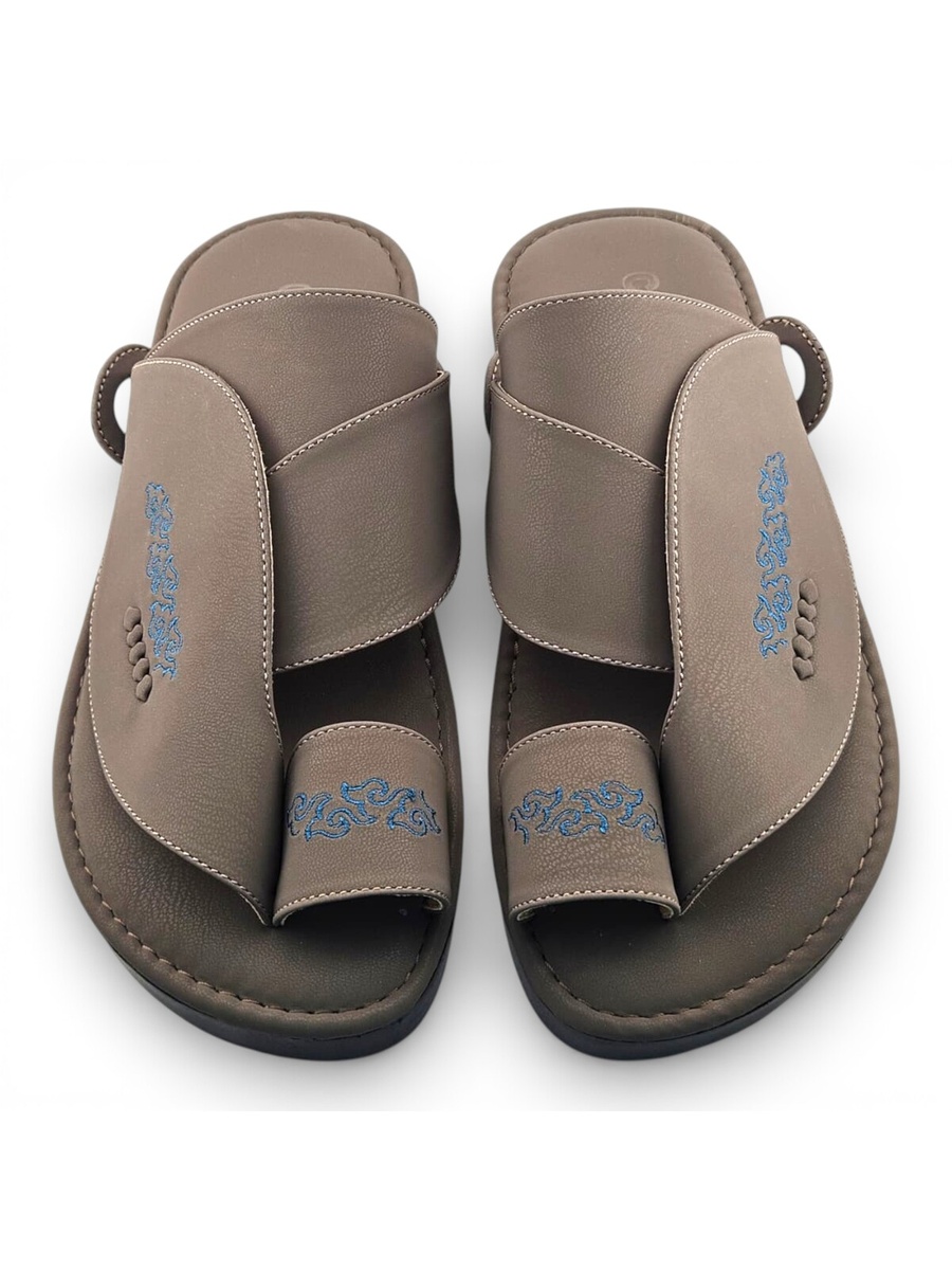 Men Khaki Arabic Sandals with Blue Embroidery