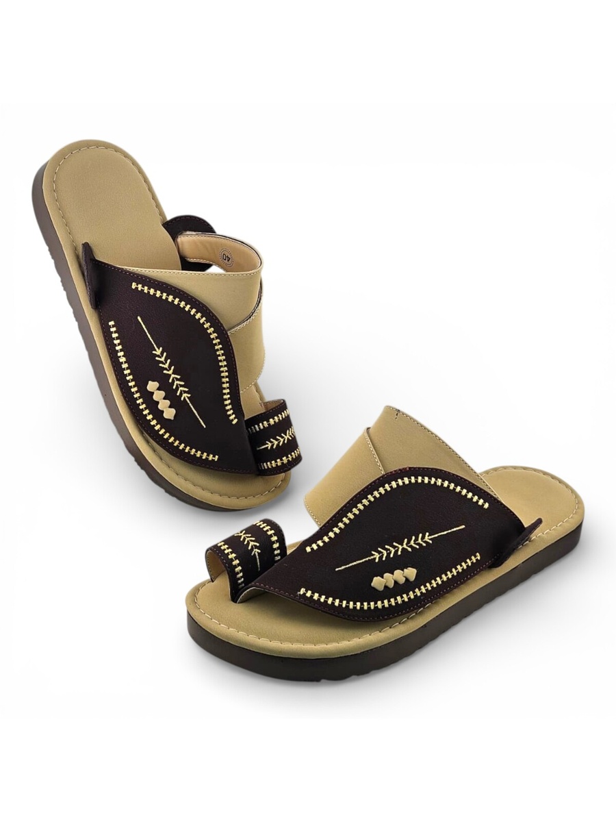 Men Brown Embroidered Thong Sandals