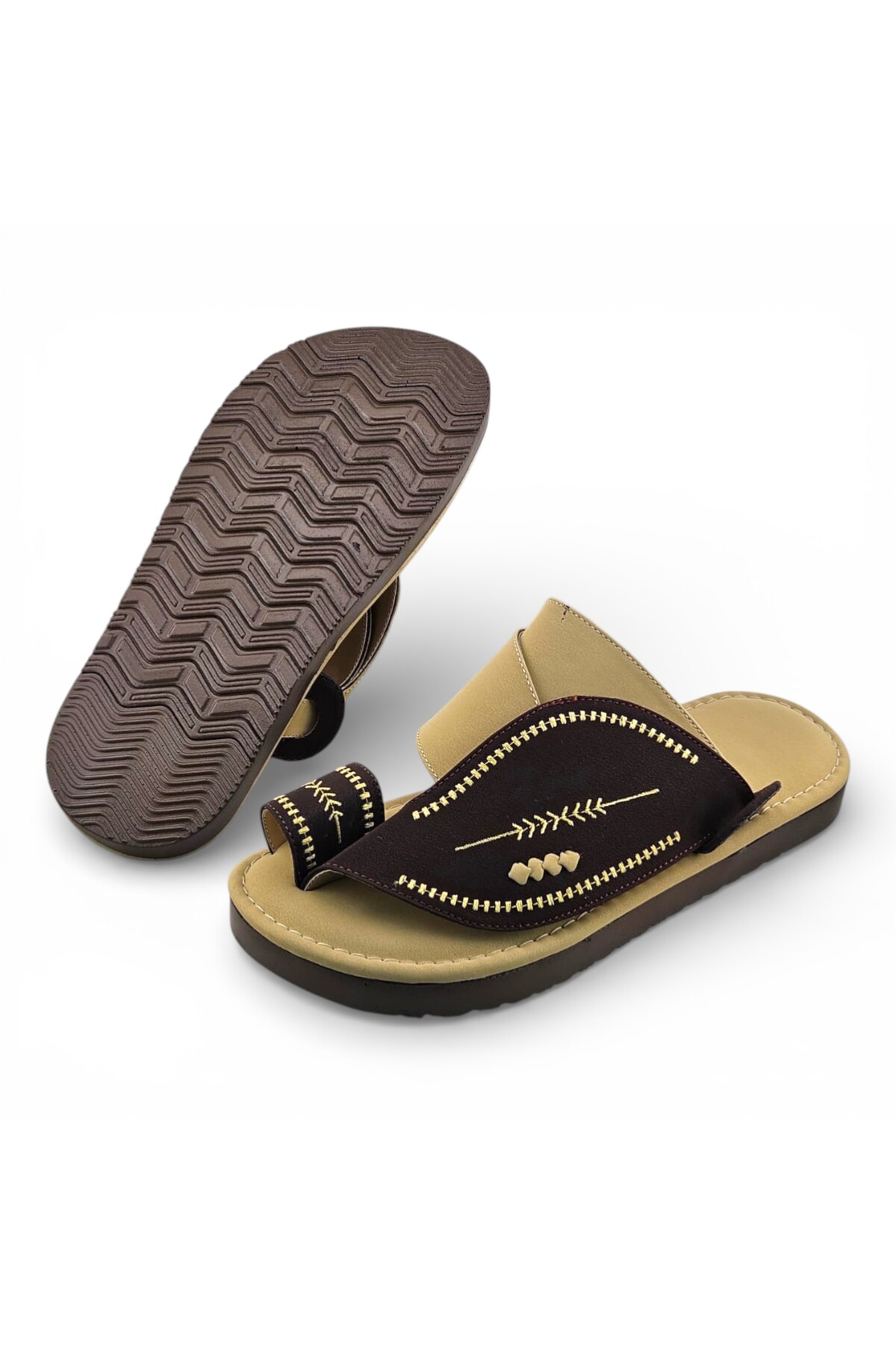 Men Brown Embroidered Thong Sandals