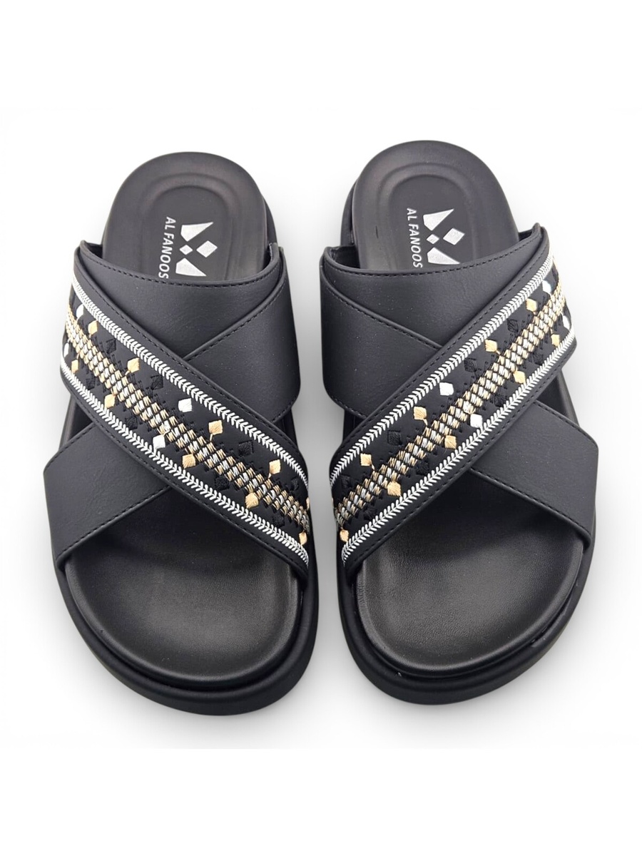 Men Black Embroidered Cross-Strap Casual Sandals