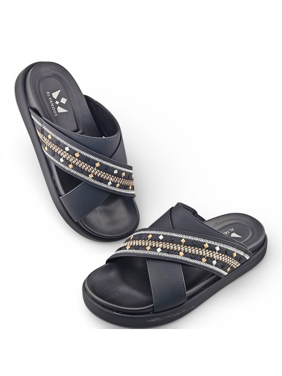 Men Black Embroidered Cross-Strap Casual Sandals
