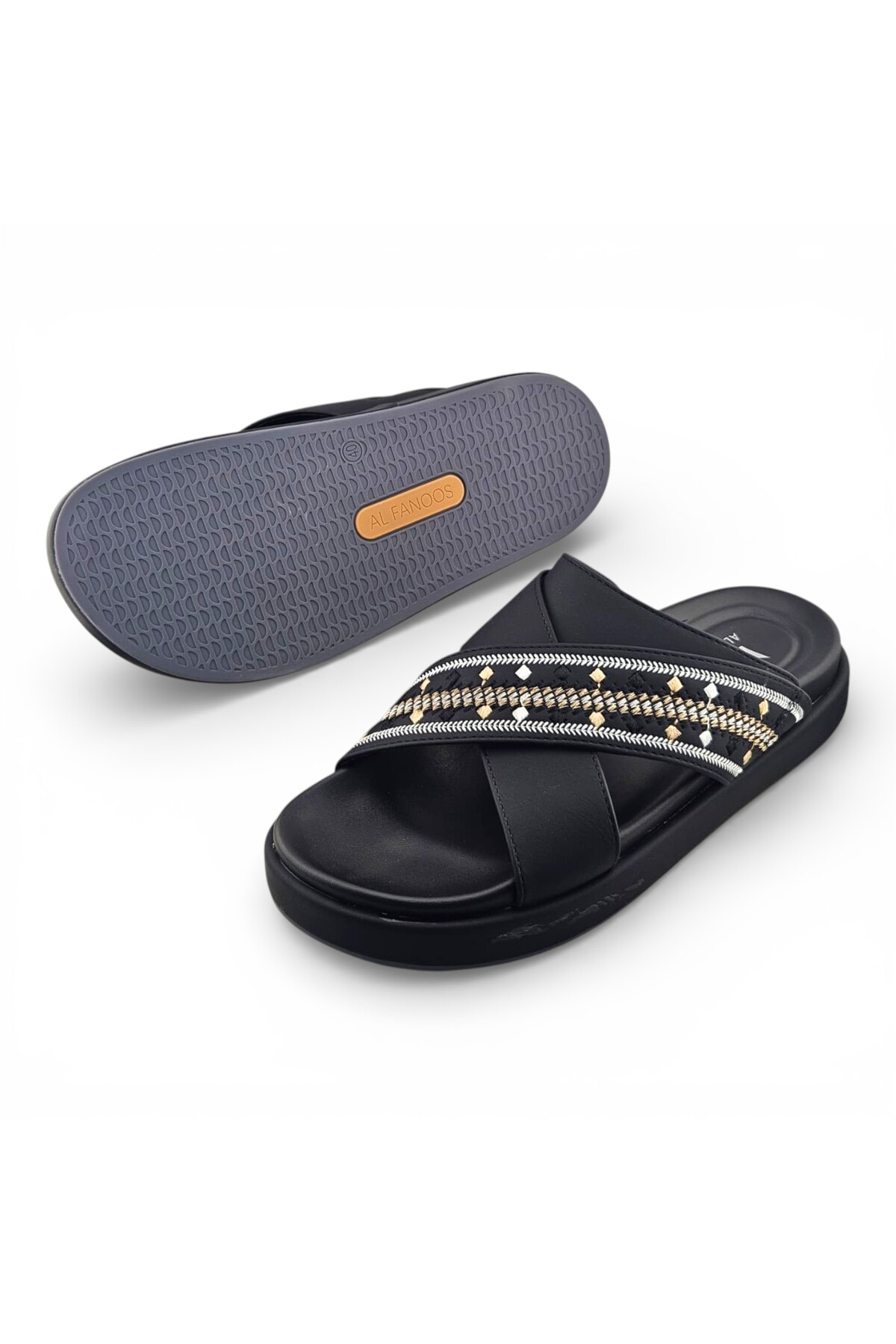 Men Black Embroidered Cross-Strap Casual Sandals