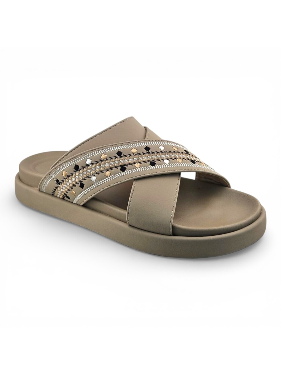 Beige Embellished Criss-Cross Casual Sandals