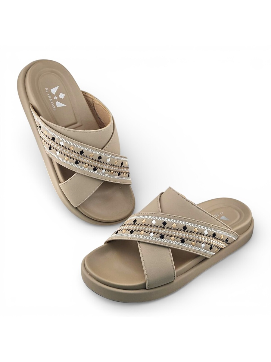 Beige Embellished Criss-Cross Casual Sandals