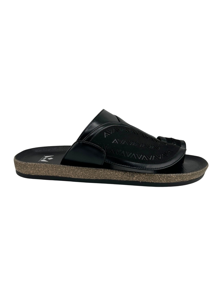 Men Black Leather Toe-Loop Sandals 