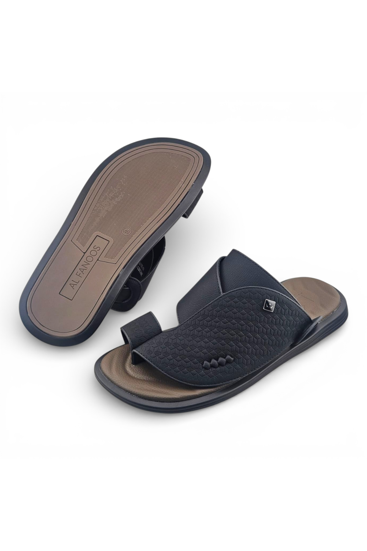 Men Black Thong Sandals with Textured Strap