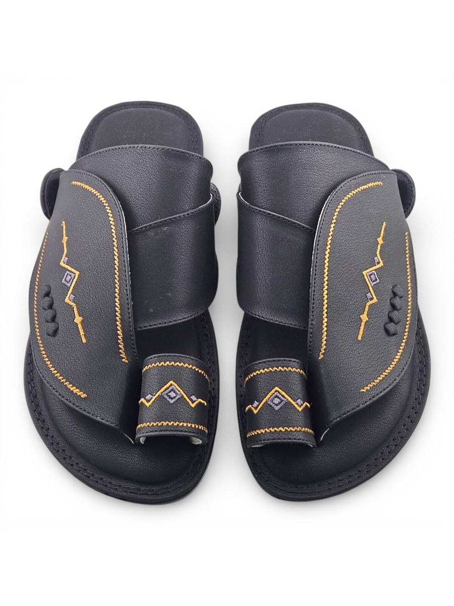 Men Black Embroidered Arabic Sandals - Premium Thobe Slippers