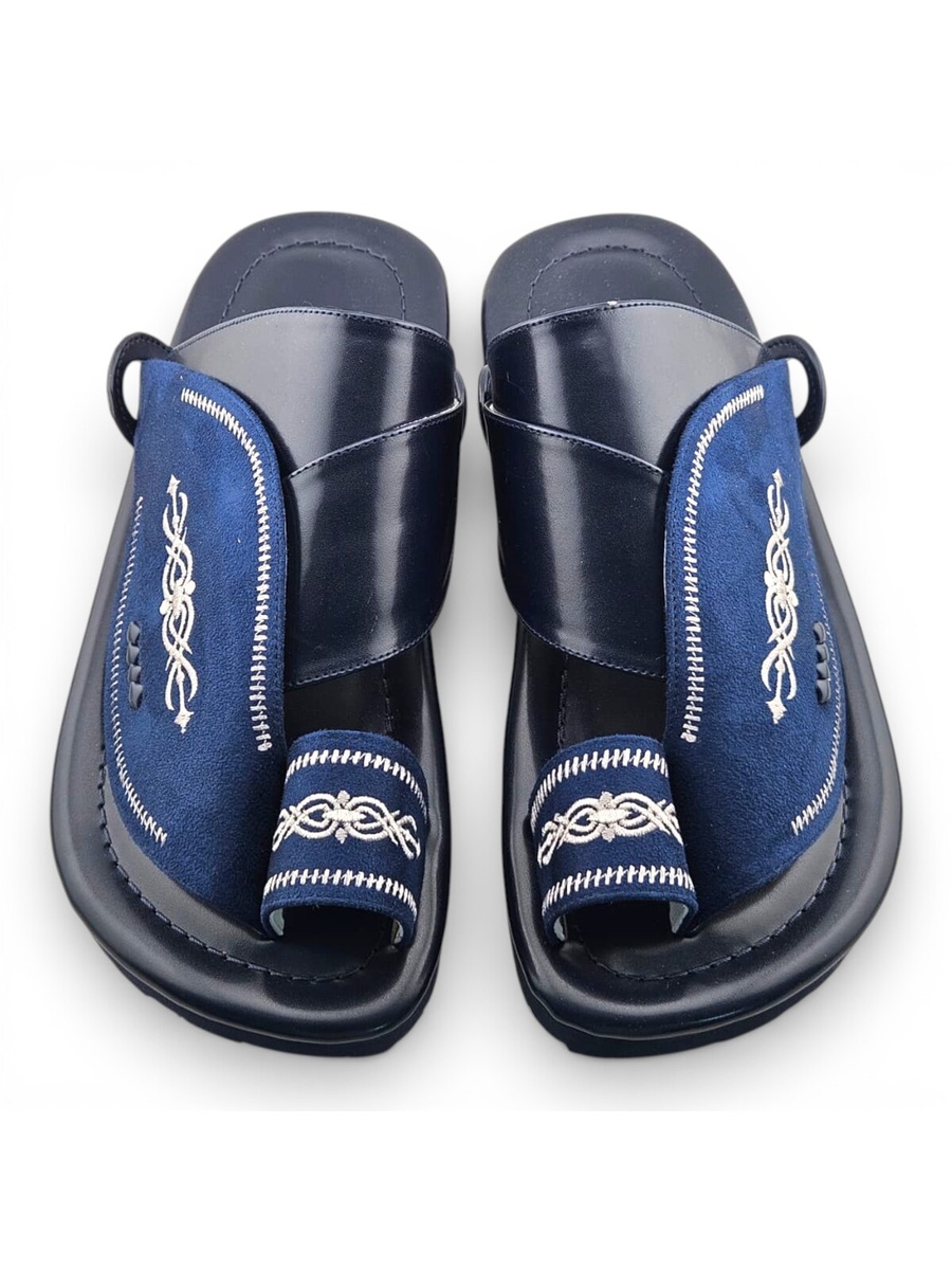 Men Navy Blue Arabic Sandals with Embroidered Design