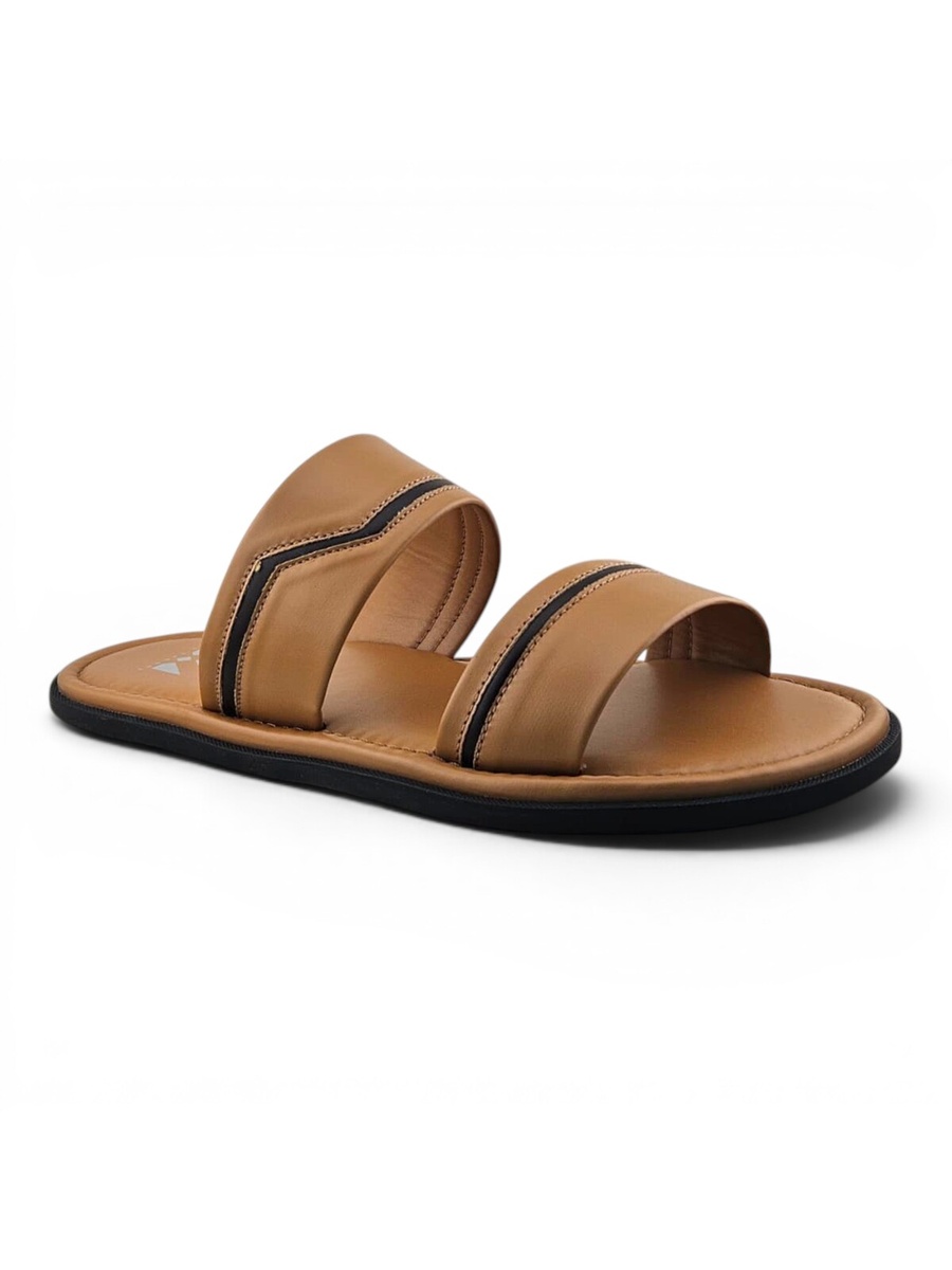 Men Beige Comfort Slide Sandals with Stripe Detail