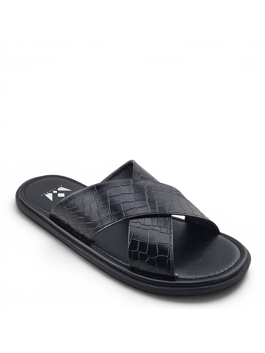 Men Black Croc-Embossed Comfort Slides