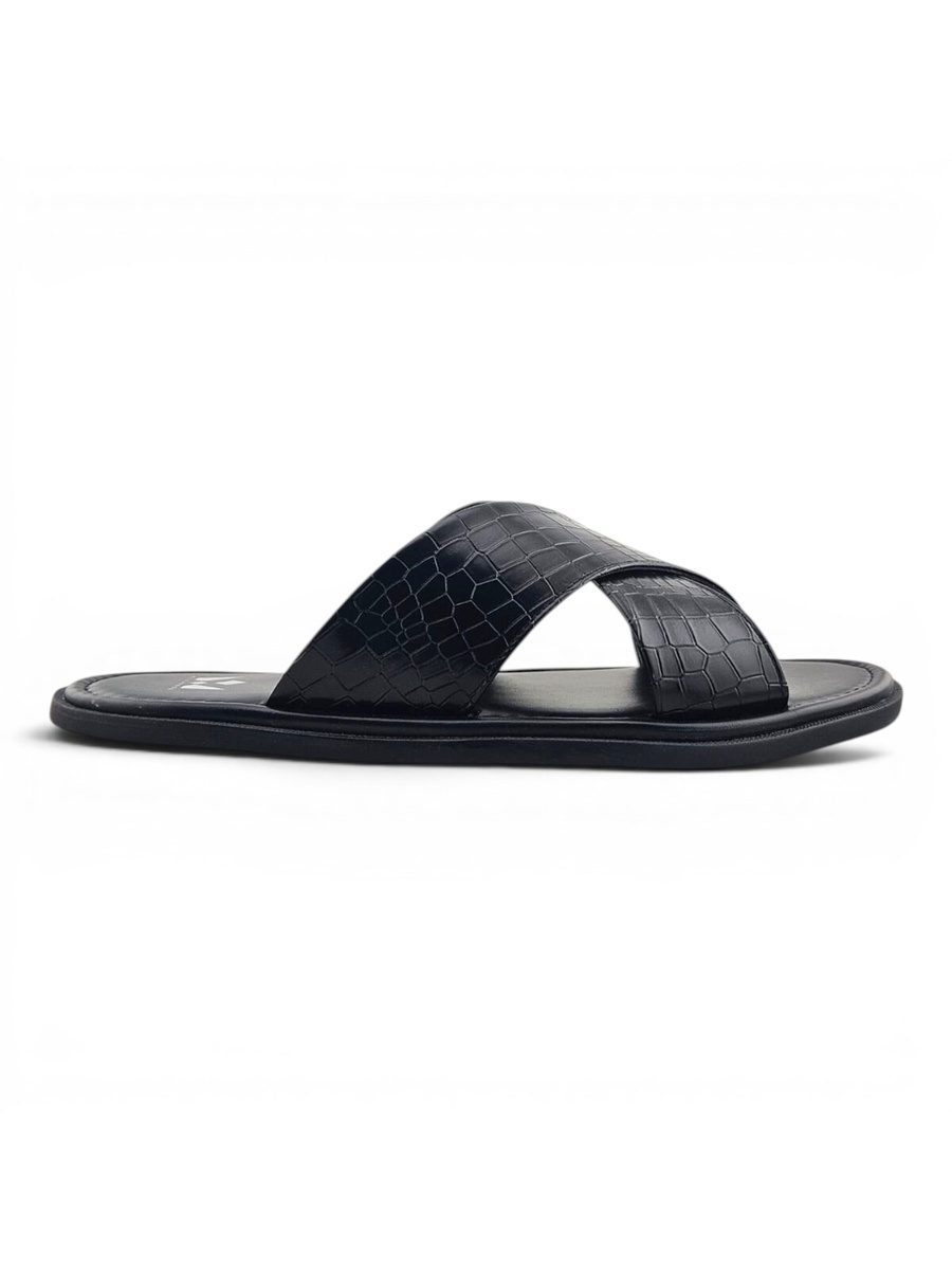Men Black Croc-Embossed Comfort Slides