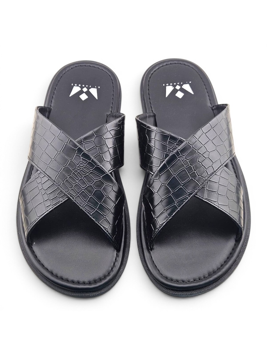 Men Black Croc-Embossed Comfort Slides
