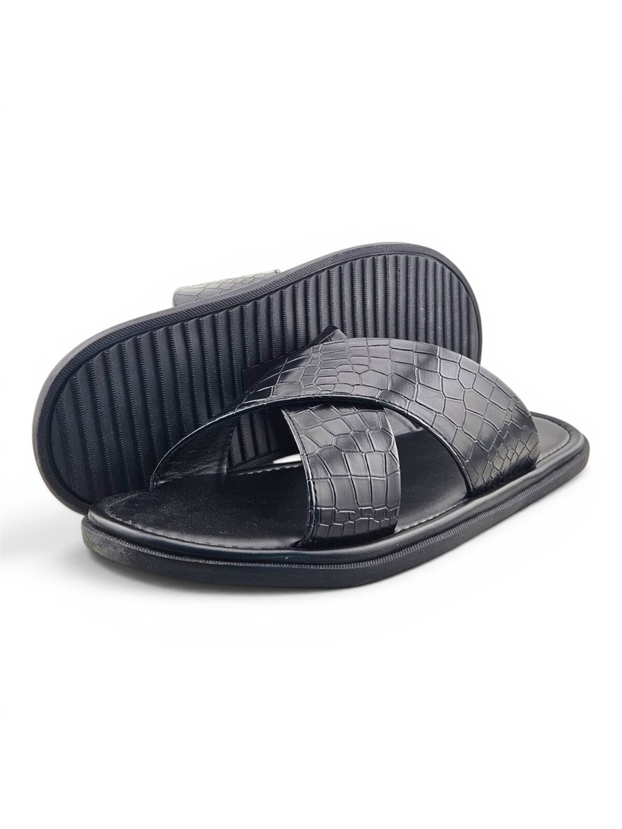 Men Black Croc-Embossed Comfort Slides