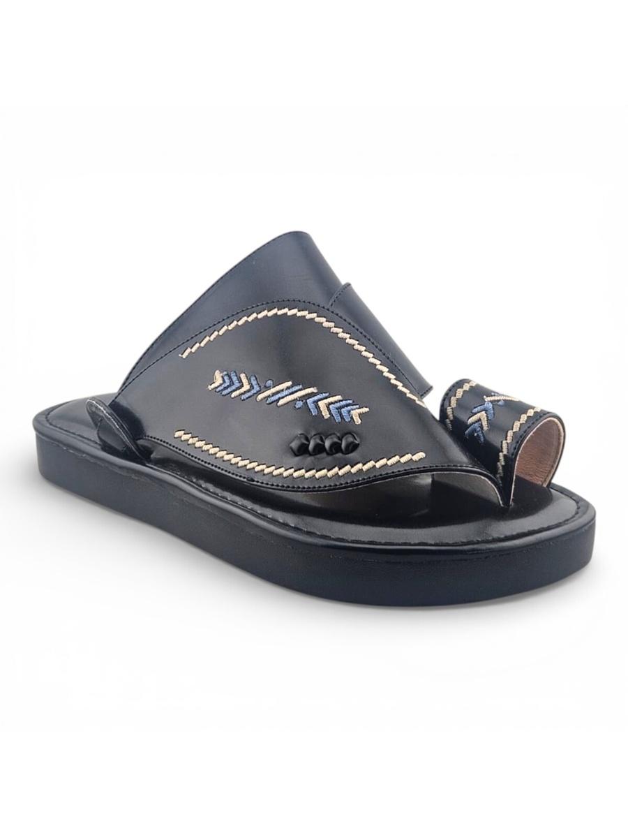 Men Black Embroidered Arabic Leather Sandals - Thobe Slippers