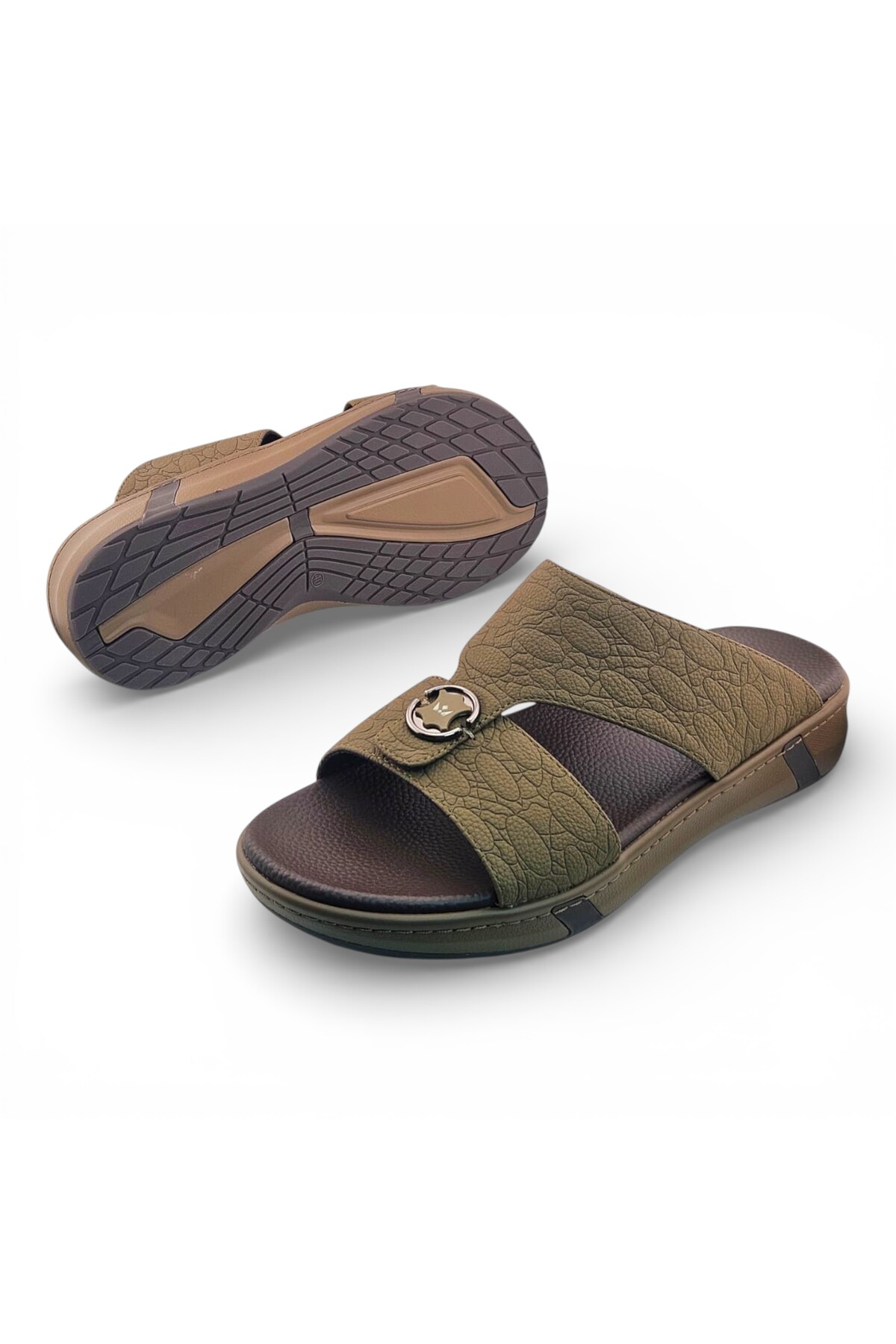 Men Khaki Textured Casual Sandals with Buckle Detail