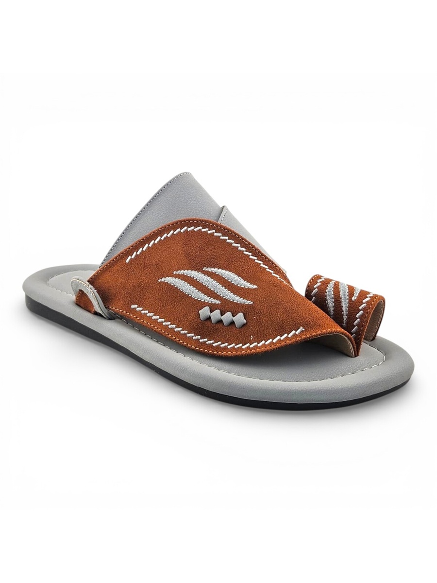 Men Grey and Brown Suede Arabic Sandals with Embroidered Design