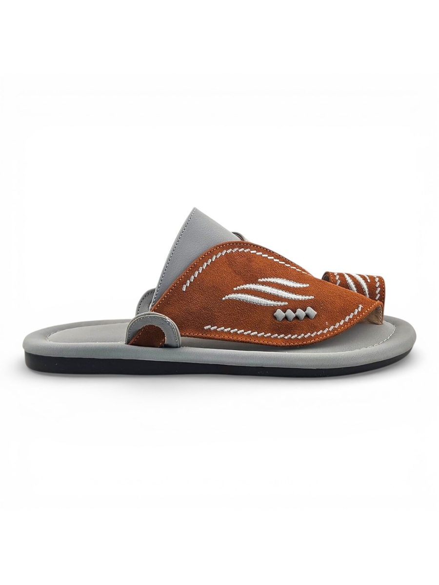 Men Grey and Brown Suede Arabic Sandals with Embroidered Design
