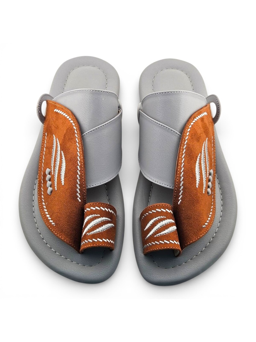 Men Grey and Brown Suede Arabic Sandals with Embroidered Design
