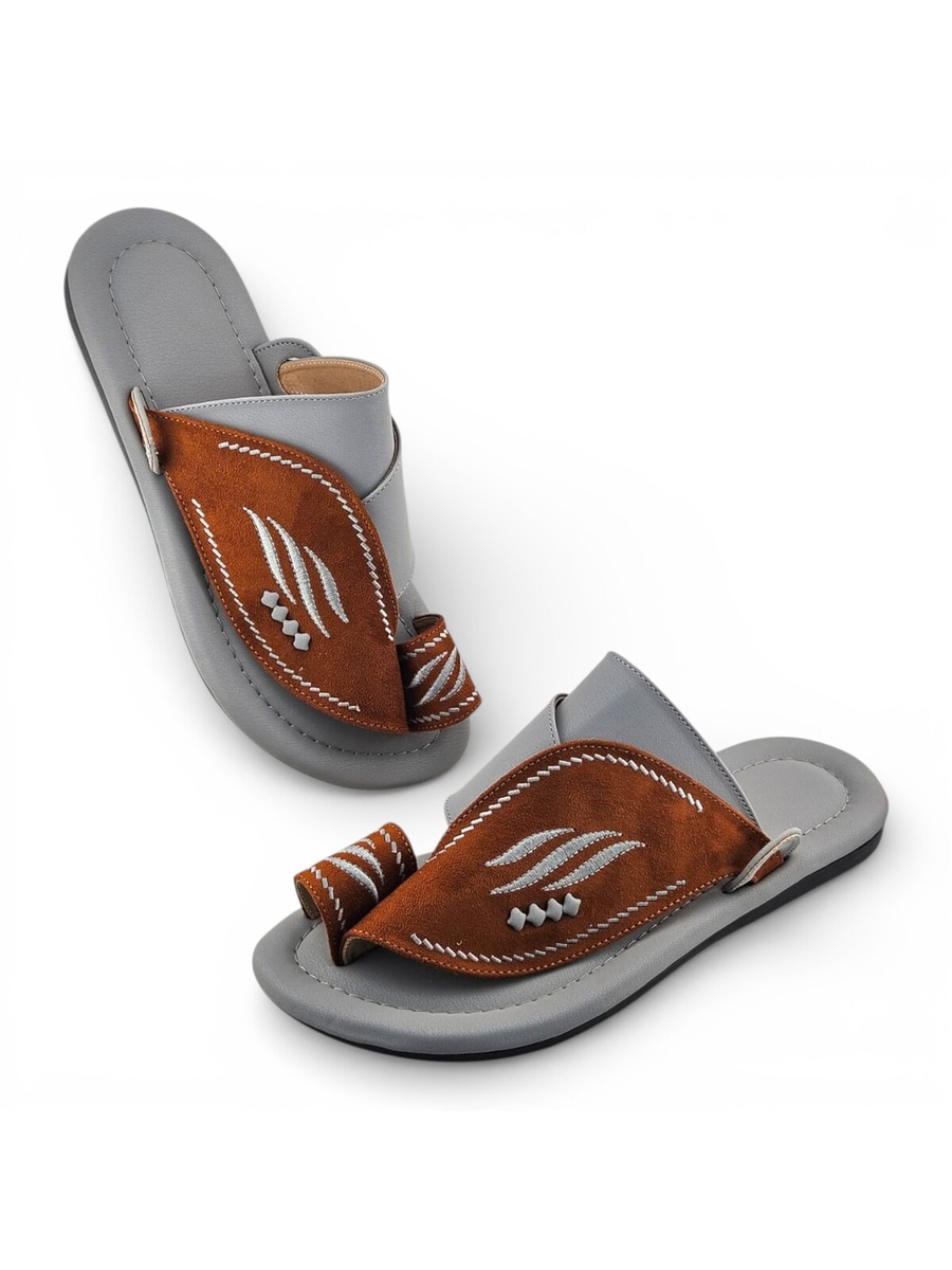 Men Grey and Brown Suede Arabic Sandals with Embroidered Design