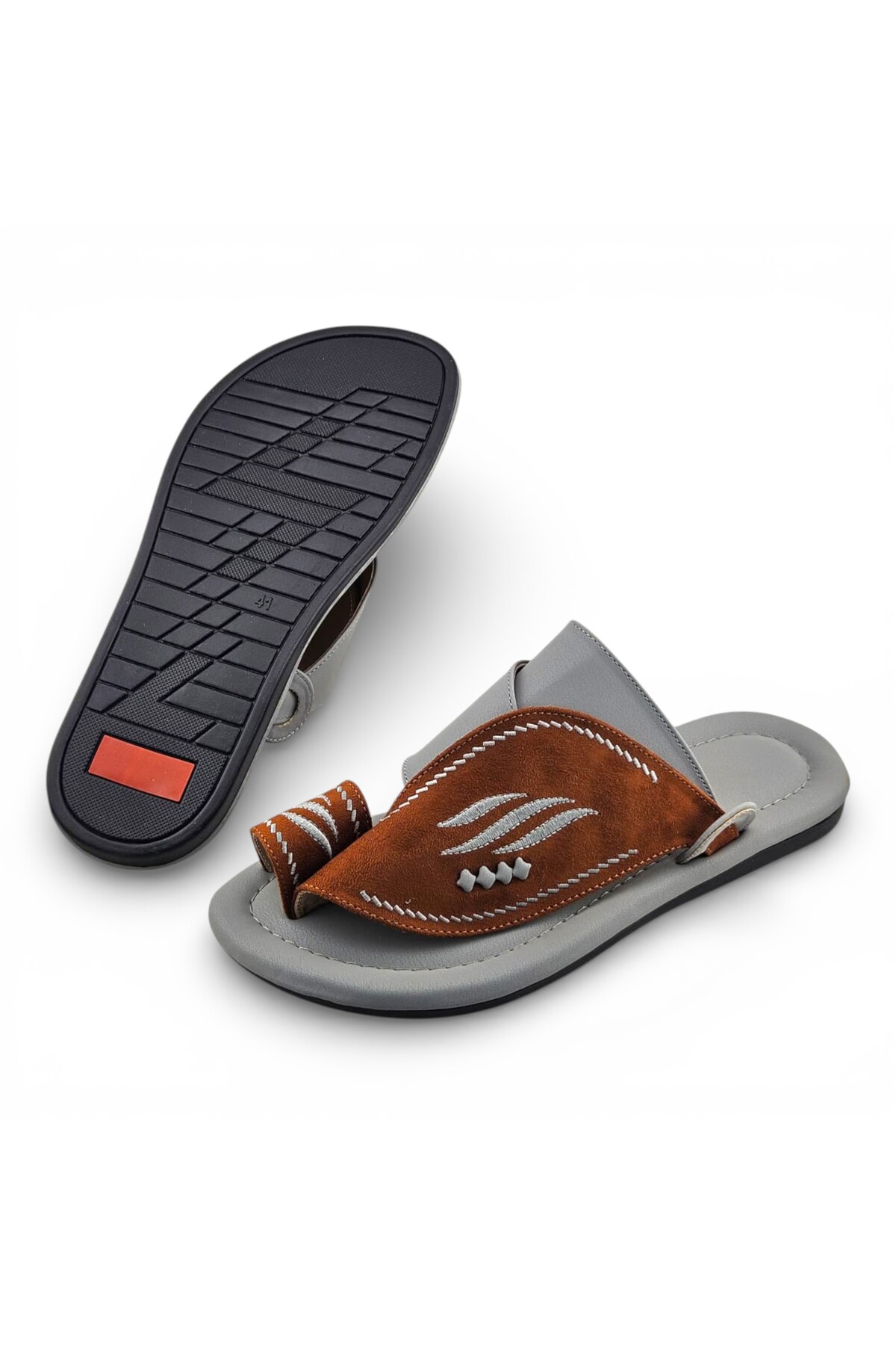 Men Grey and Brown Suede Arabic Sandals with Embroidered Design