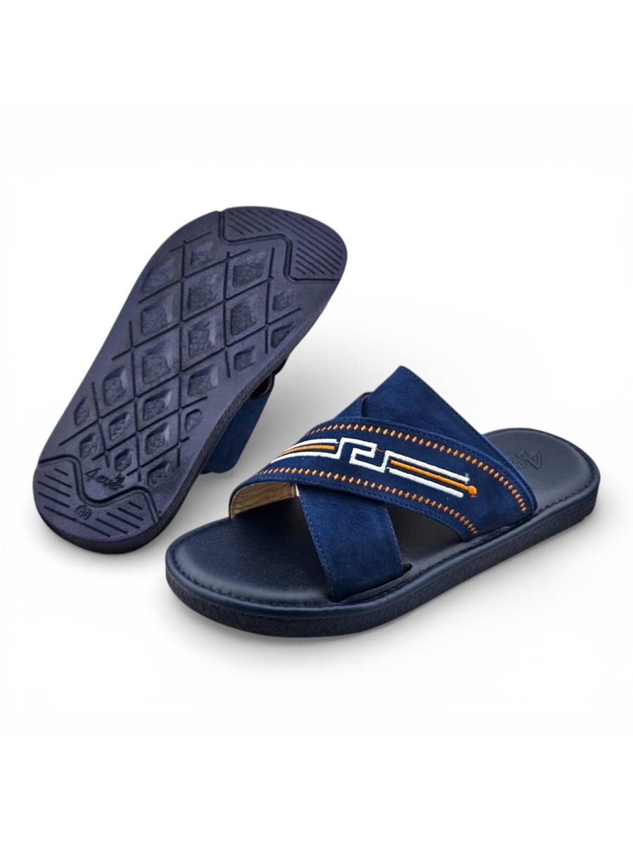 Navy Blue Men Arabic Sandals with Embroidered Strap