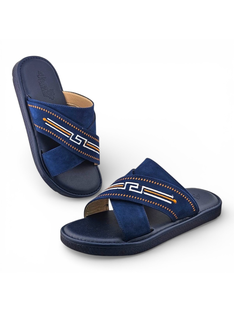 Navy Blue Men Arabic Sandals with Embroidered Strap