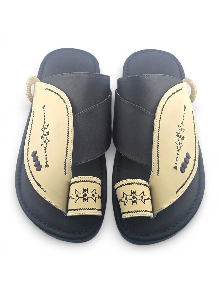 Men Cream Arabic Sandals with Embroidered Design