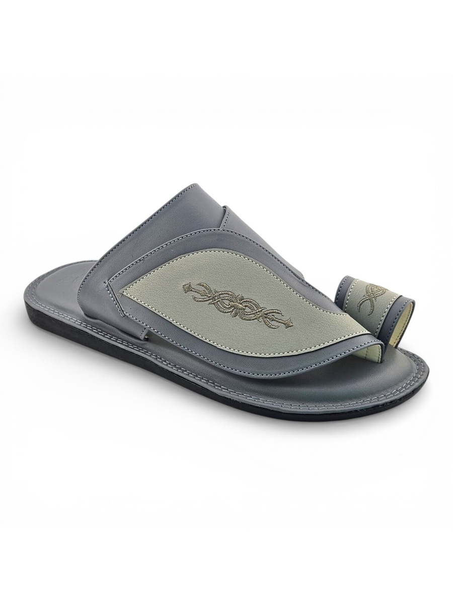 Men Grey Arabic Leather Sandals with Embroidery