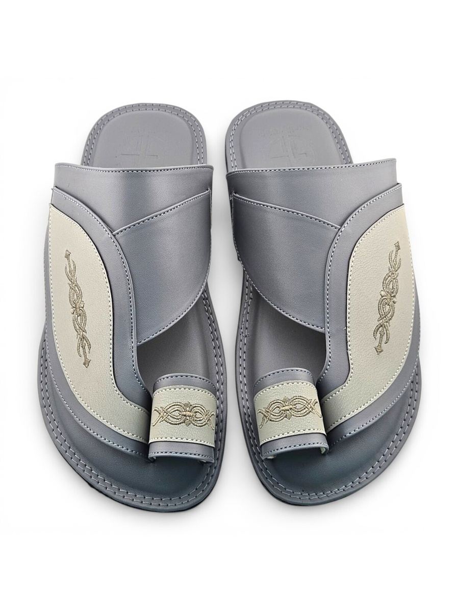 Men Grey Arabic Leather Sandals with Embroidery