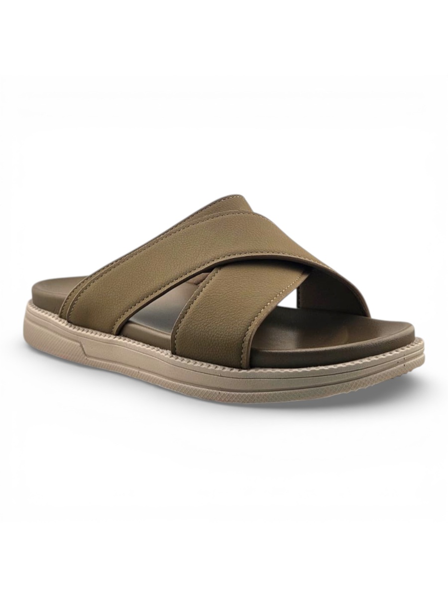 Men Brown Cross-Strap Comfort Slides - Casual Arabic Sandals