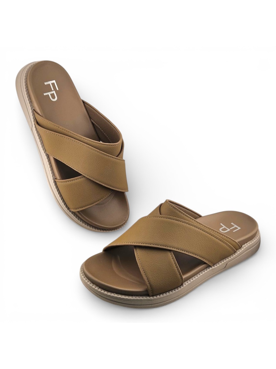 Men Brown Cross-Strap Comfort Slides - Casual Arabic Sandals