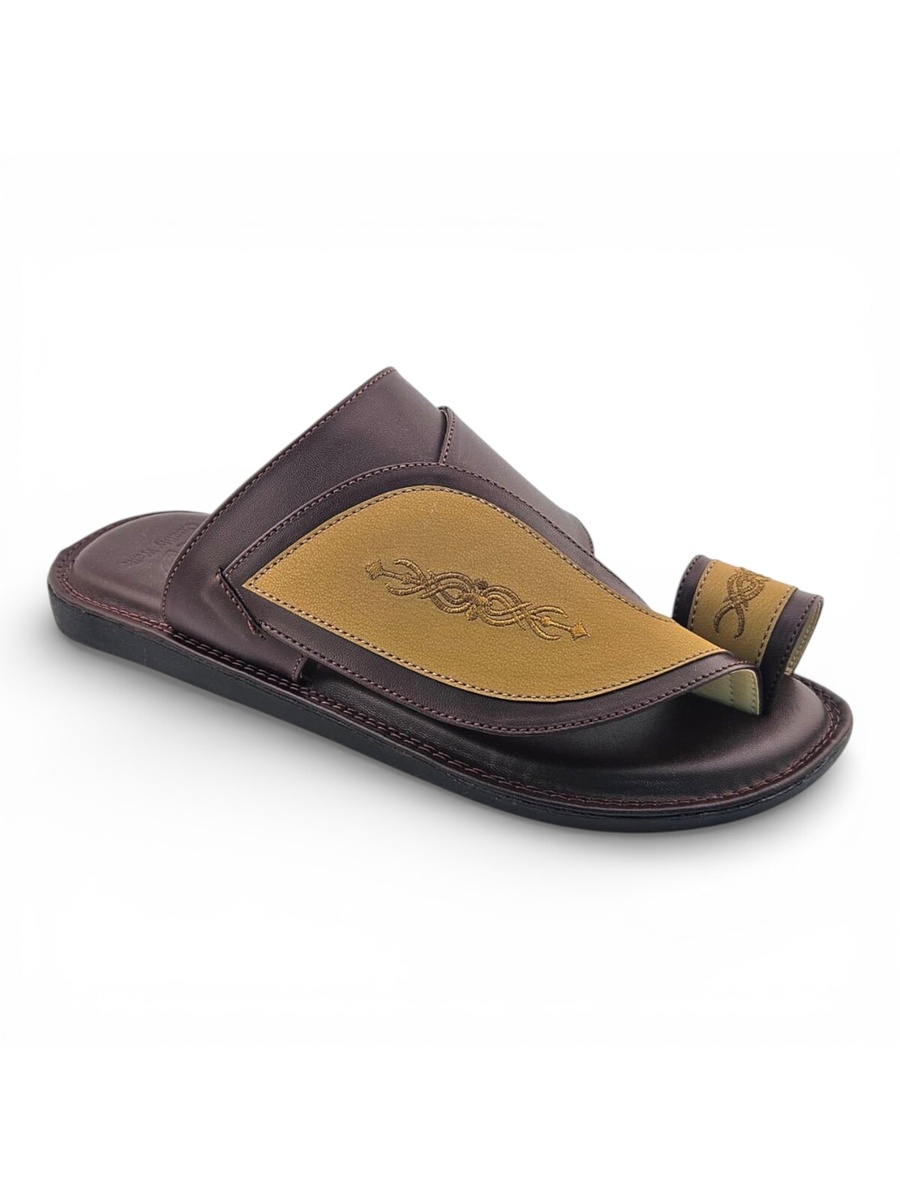 Men Beige and Brown Arabic Sandals with Embroidered Design