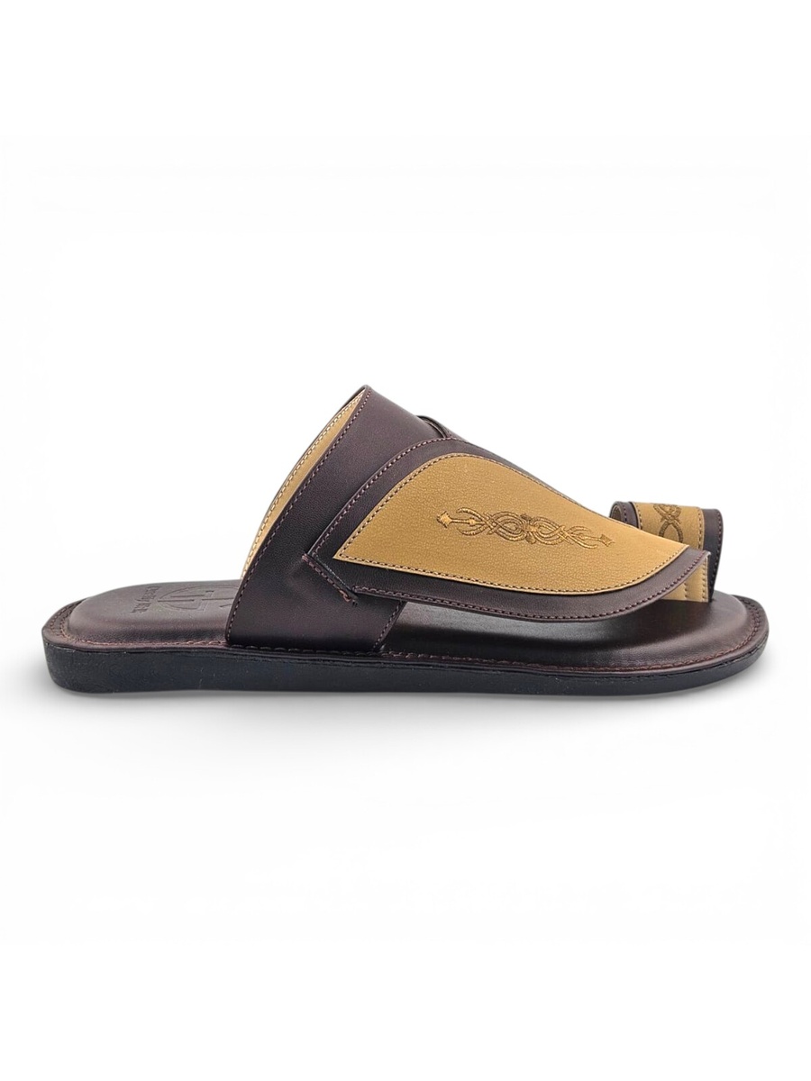 Men Beige and Brown Arabic Sandals with Embroidered Design