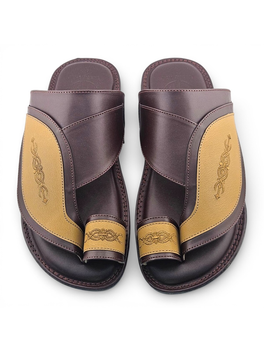 Men Beige and Brown Arabic Sandals with Embroidered Design
