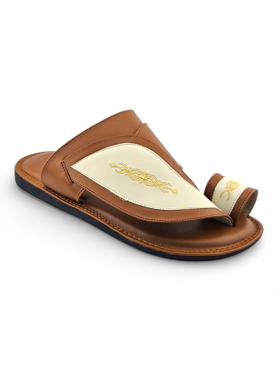 Men Cream and Brown Arabic Sandals with Gold Embroidery