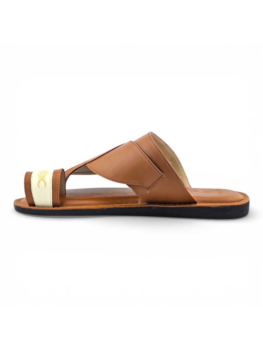 Men Cream and Brown Arabic Sandals with Gold Embroidery