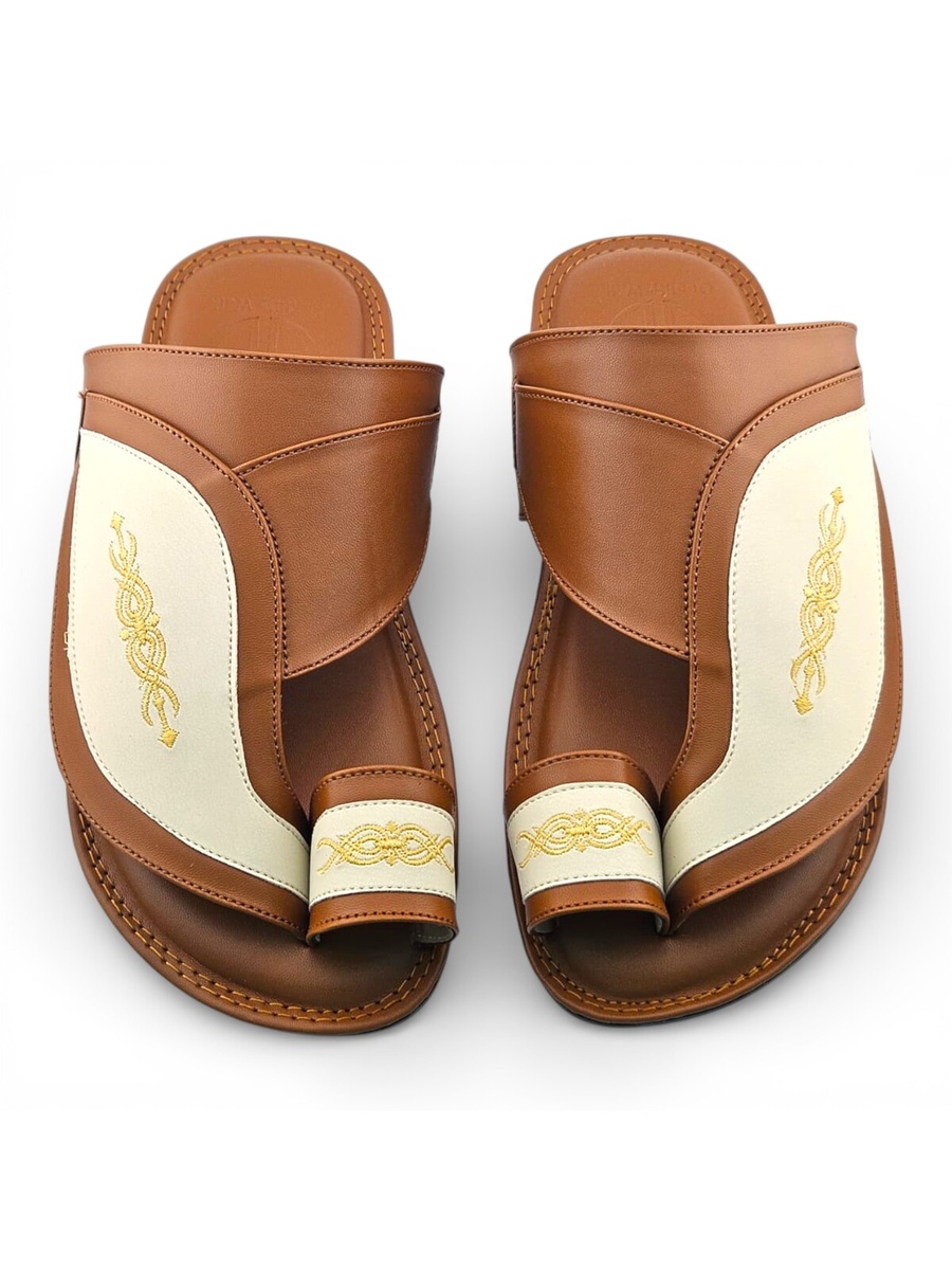 Men Cream and Brown Arabic Sandals with Gold Embroidery