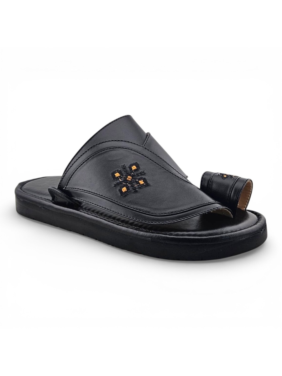 Men Black Leather Arabic Sandals with Gold Embroidery