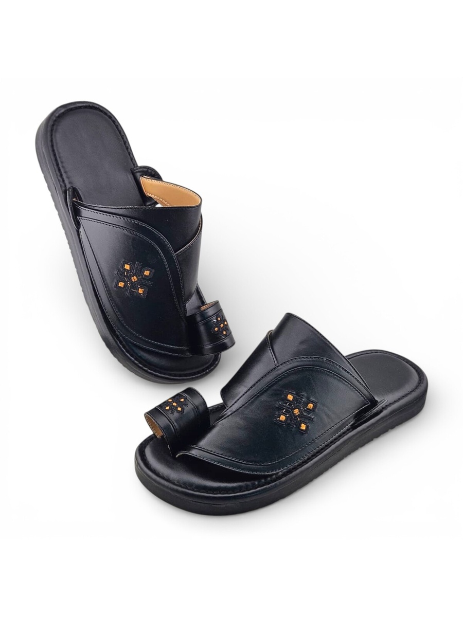 Men Black Leather Arabic Sandals with Gold Embroidery
