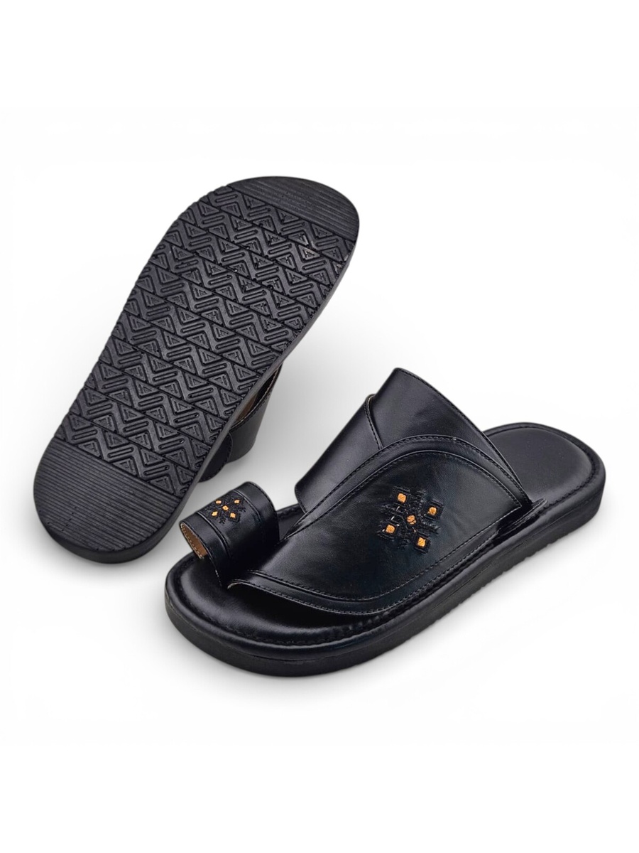 Men Black Leather Arabic Sandals with Gold Embroidery