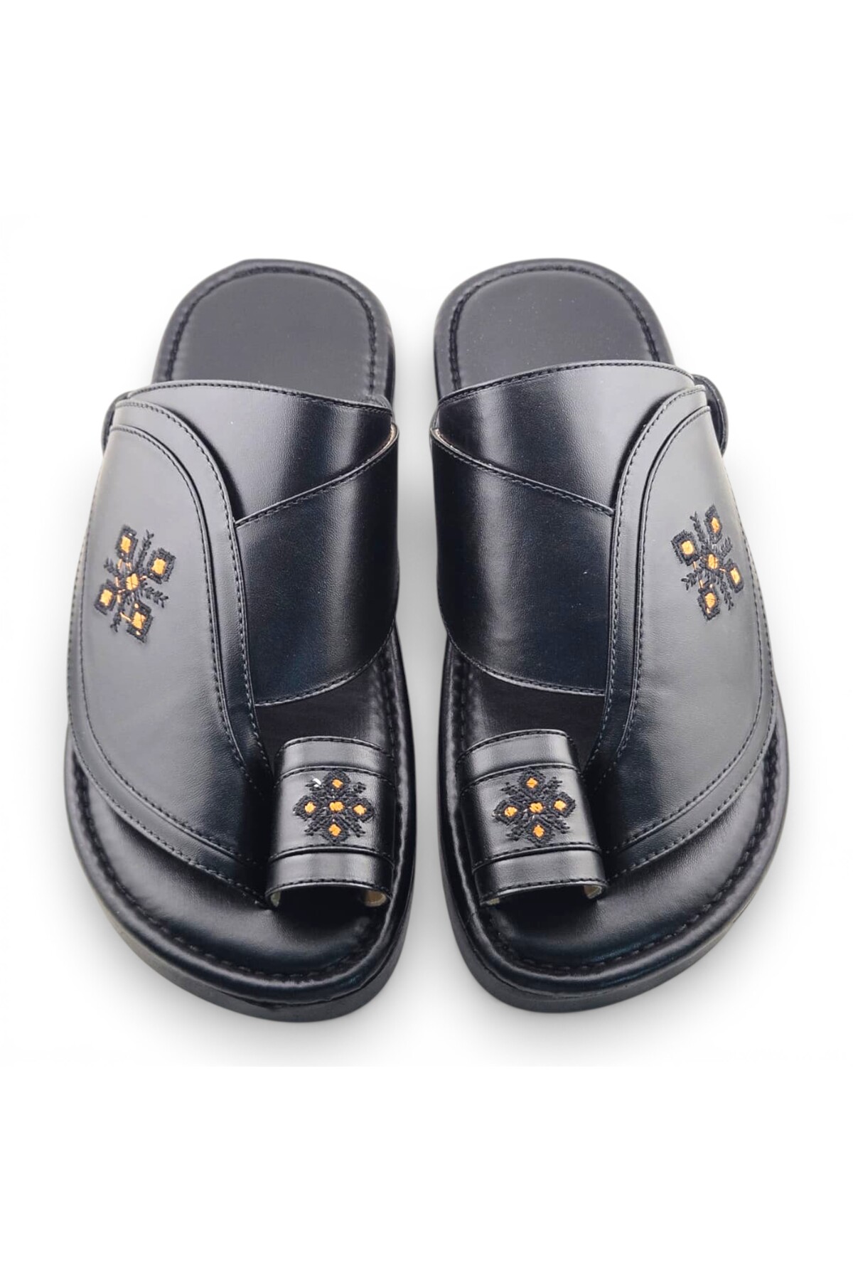 Men Black Leather Arabic Sandals with Gold Embroidery