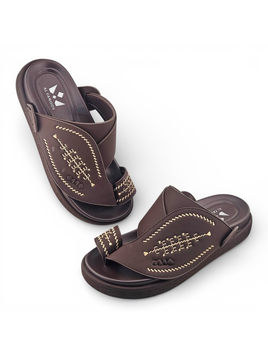 Coffee Brown Men Casual Sandals with Traditional Embroidery