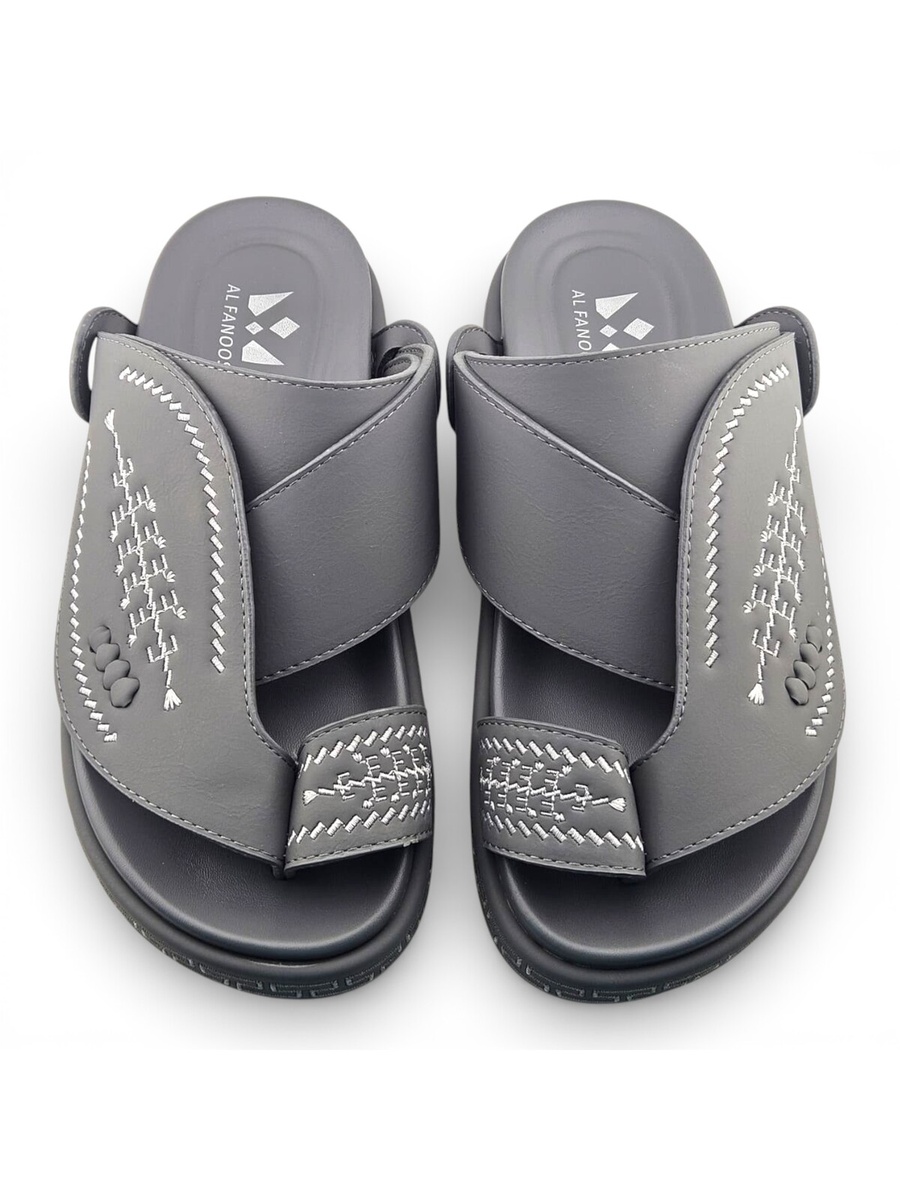 Men Grey Embroidered Thong Sandals Comfort