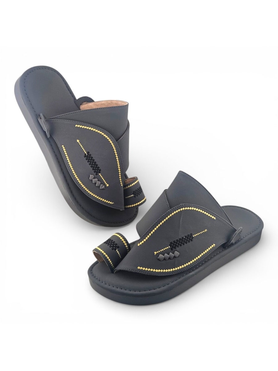 Men Grey Arabic Sandals with Gold Stitching