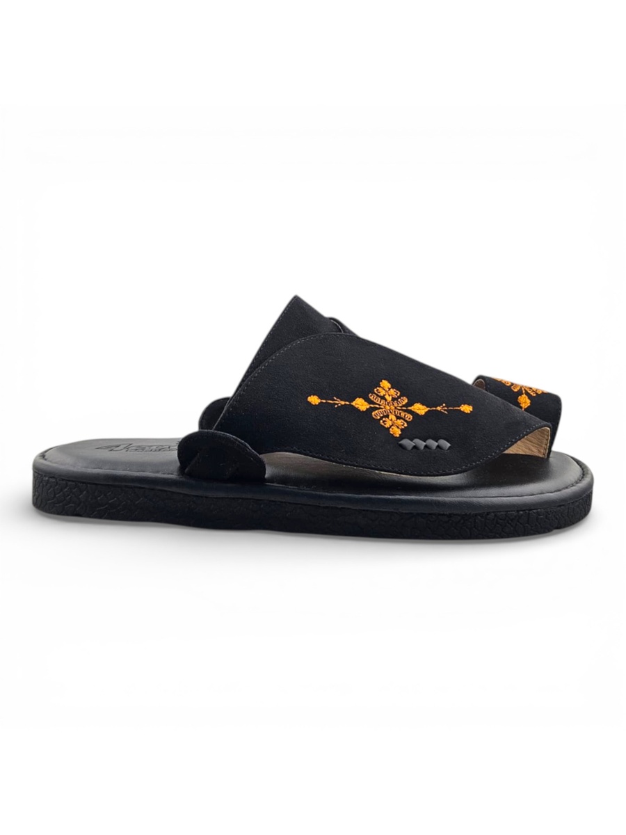 Men Black Arabic Embroidered Sandals - Premium Thobe Slippers