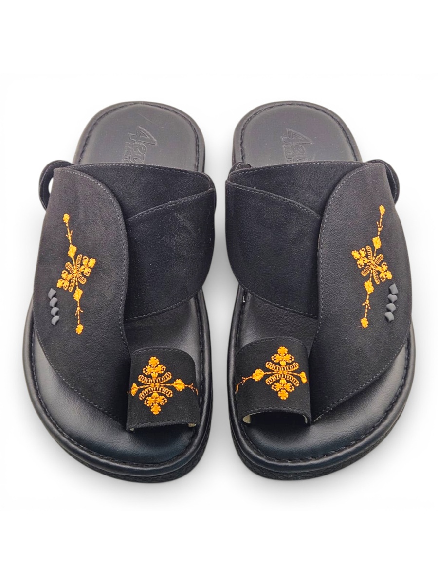 Men Black Arabic Embroidered Sandals - Premium Thobe Slippers