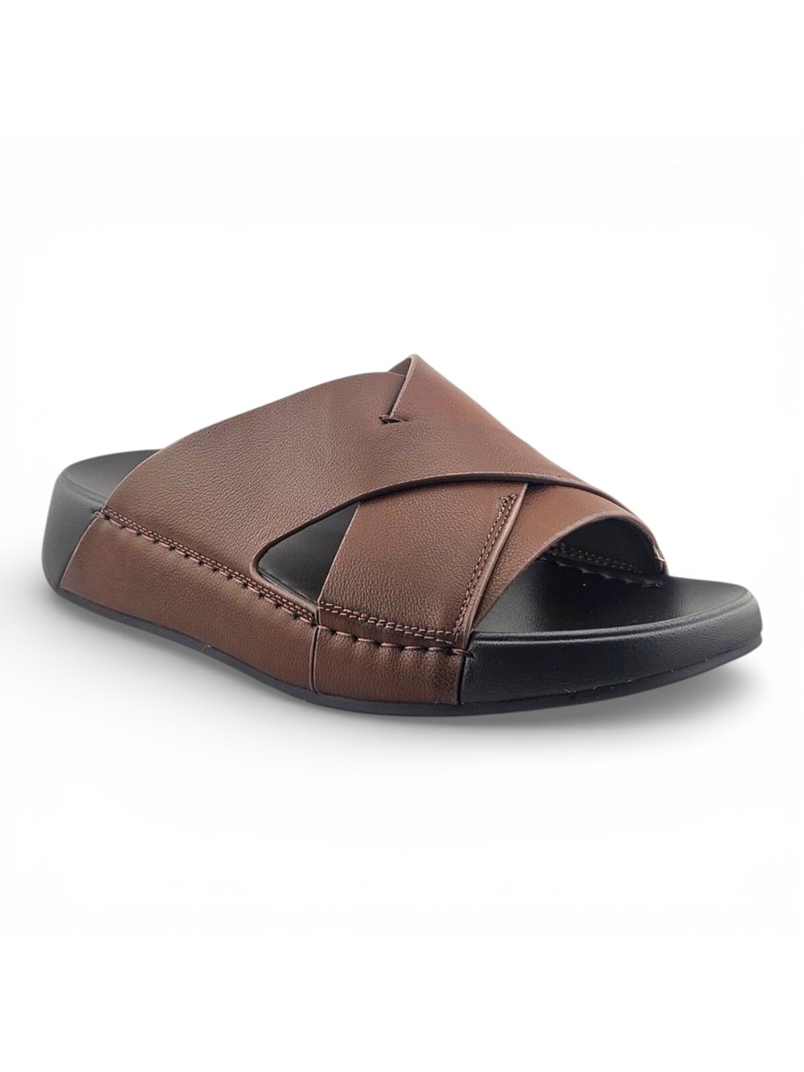 Men Brown Leather Cross-Strap Casual Sandals