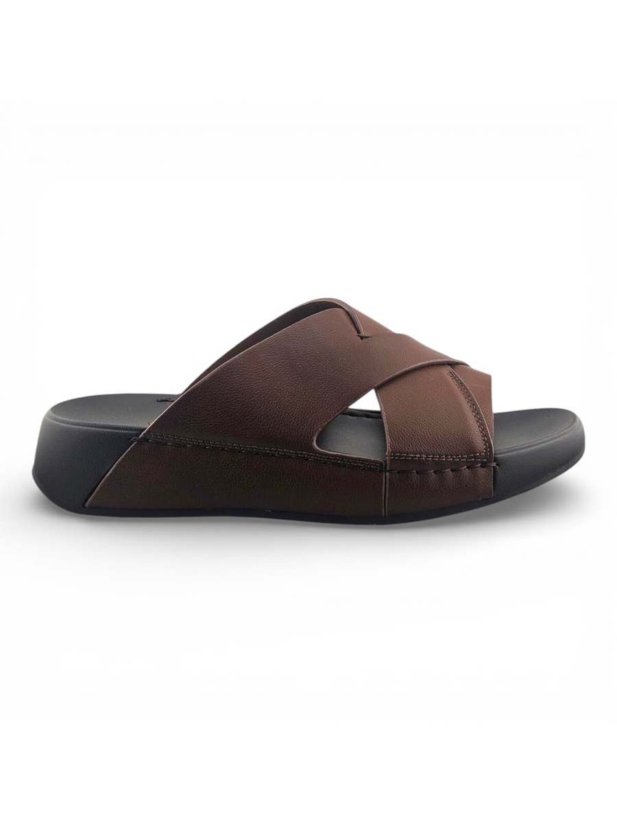 Men Brown Leather Cross-Strap Casual Sandals