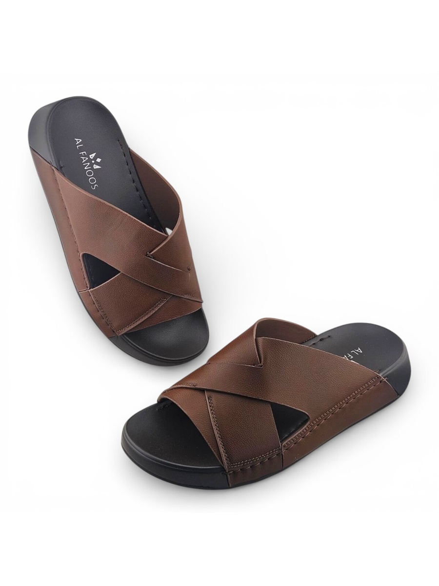 Men Brown Leather Cross-Strap Casual Sandals