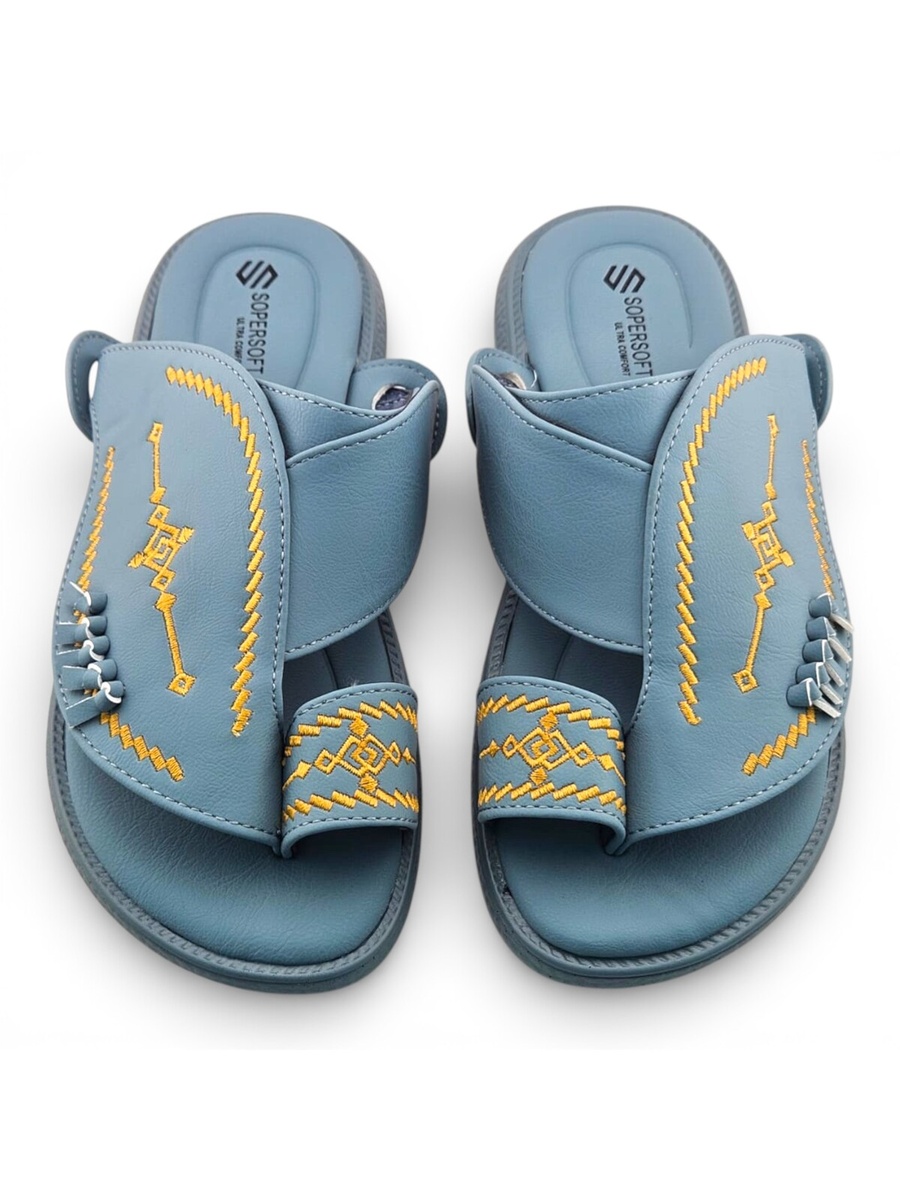 Men Blue Arabic Sandals with Gold Embroidery